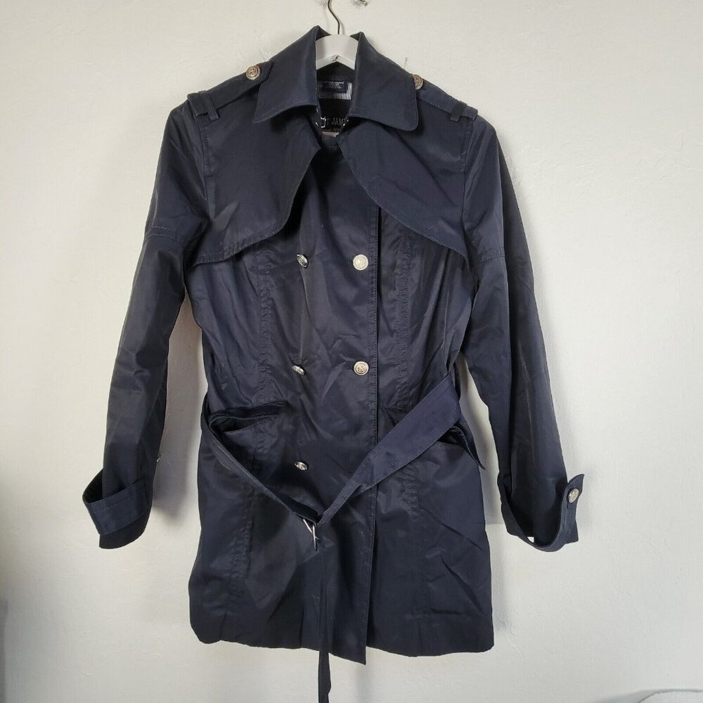 Saint James Womens Double-Breasted Belted Coat Jacket Size 8 Navy Cotton Blend